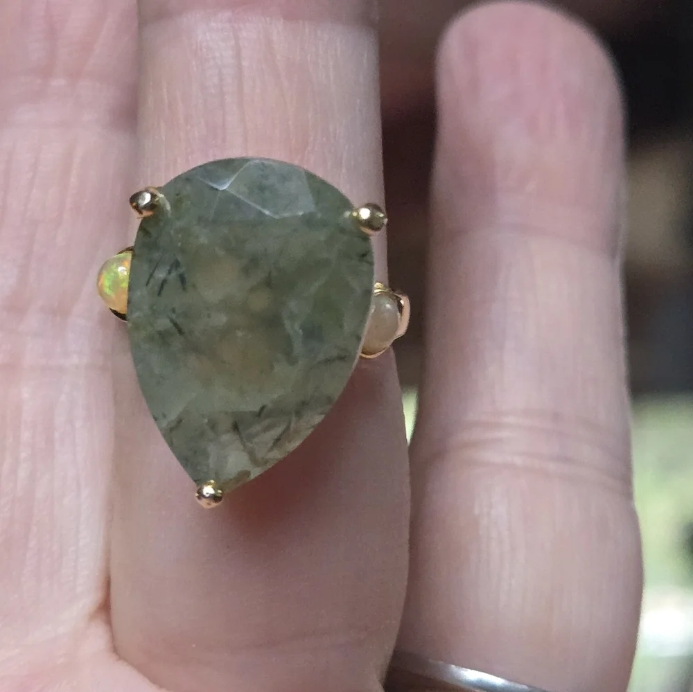Prehnite & opal sterling & gold Ring sz7.5 - Picture 8 of 15